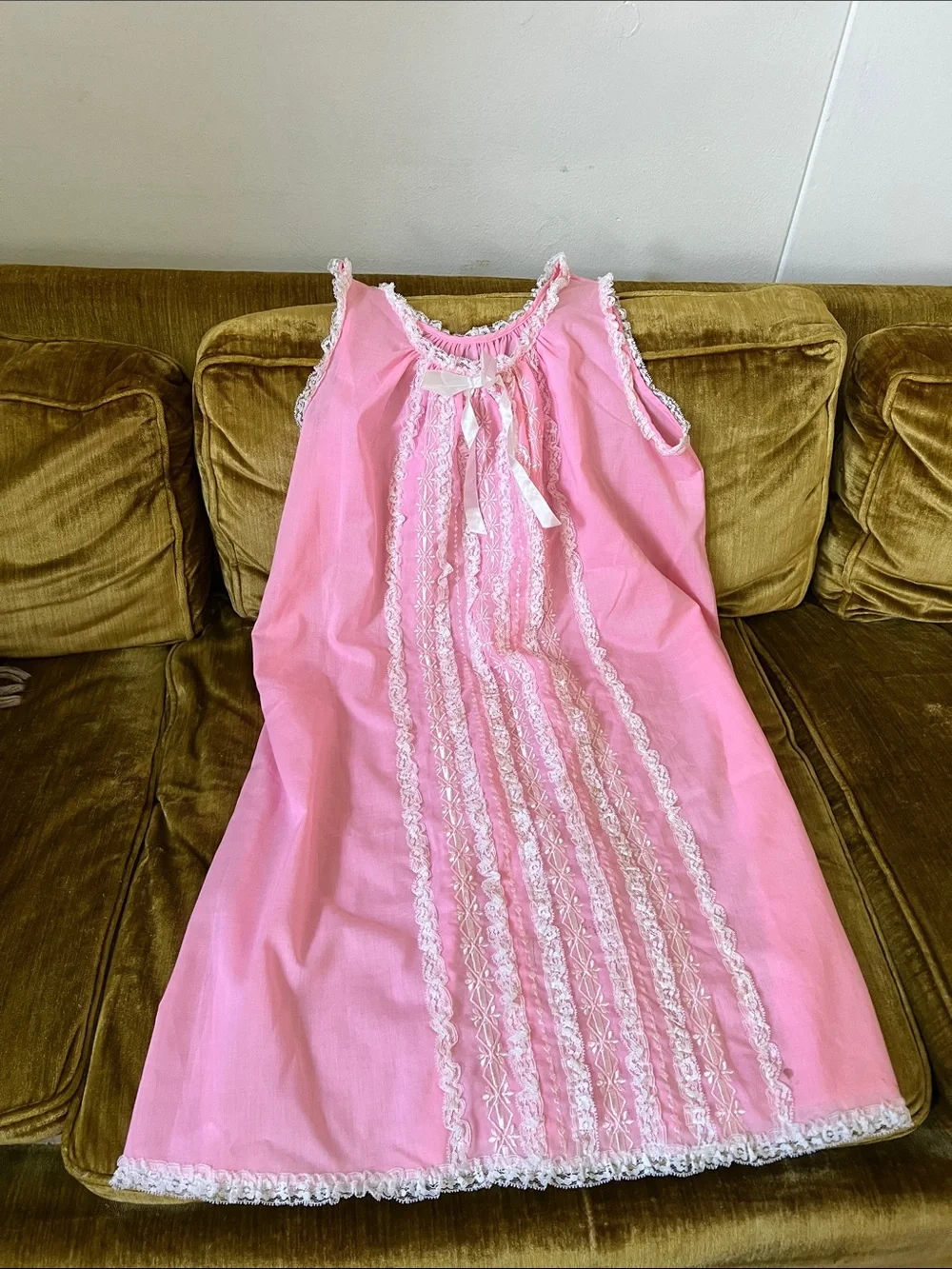 Vintage Pink Sleeveless Babydoll Nightgown with White Lace lingerie coquette - Picture 3 of 13